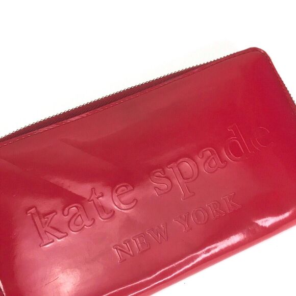 Kate Spade Red Patent Leather Embossed Zip Around Clutch Credit Card Wallet - Picture 3 of 11